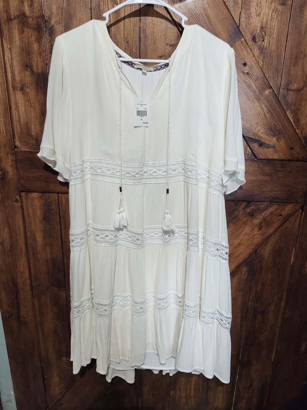 Cream Tiered Midi Dress with Lace Trim and Tassel Tie